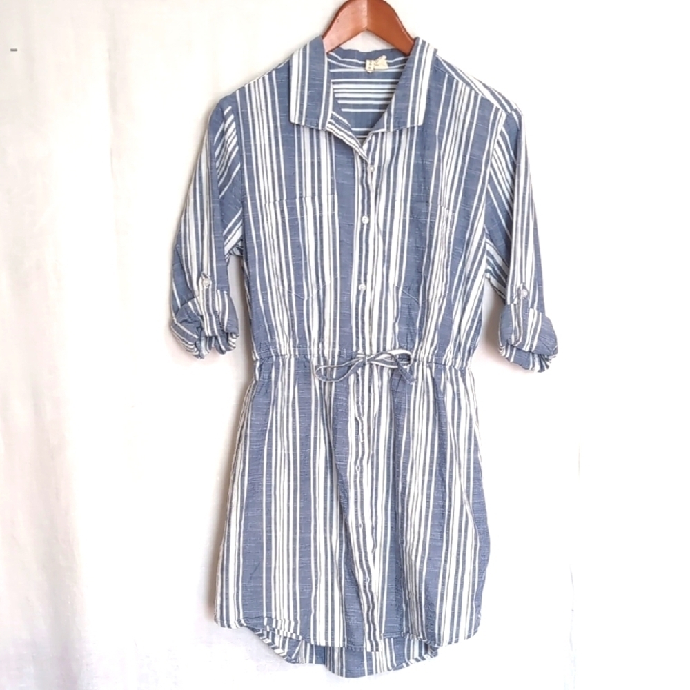 Japna Blue White Stripe Collared Short Sleeve Shirt Dress Size Medium